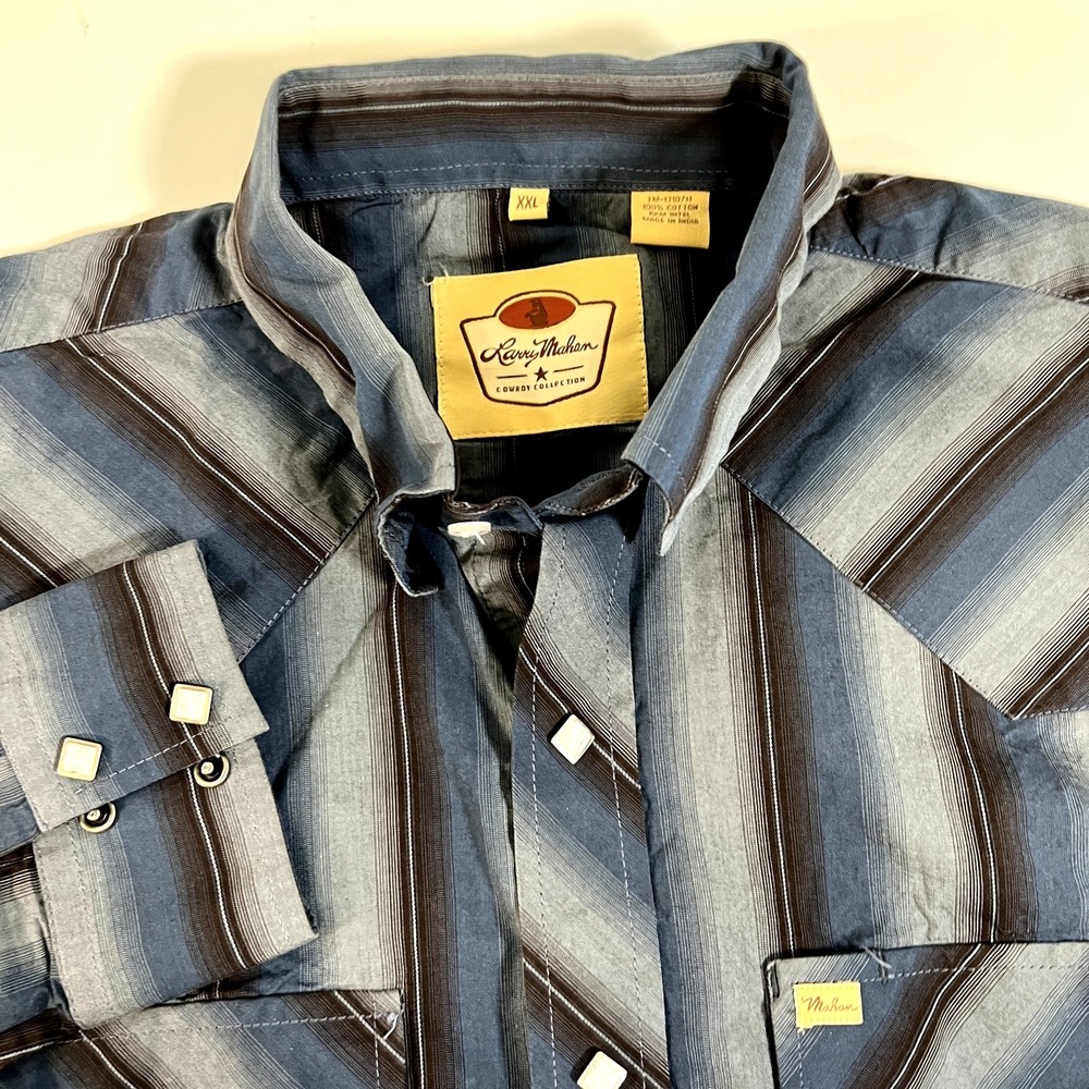 Larry‎ Mahan Shirt Mens 2XL Blue Western Striped Cowboy Collection Pearl Snap